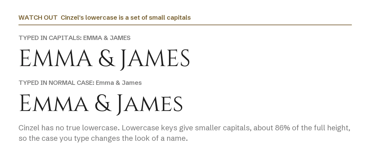 Cinzel Font Pairings for Canva: 6 Elegant Matches 2 Canva font pairing: "EMMA & JAMES" typed in capitals and "Emma & James" typed in normal case, both shown in Cinzel