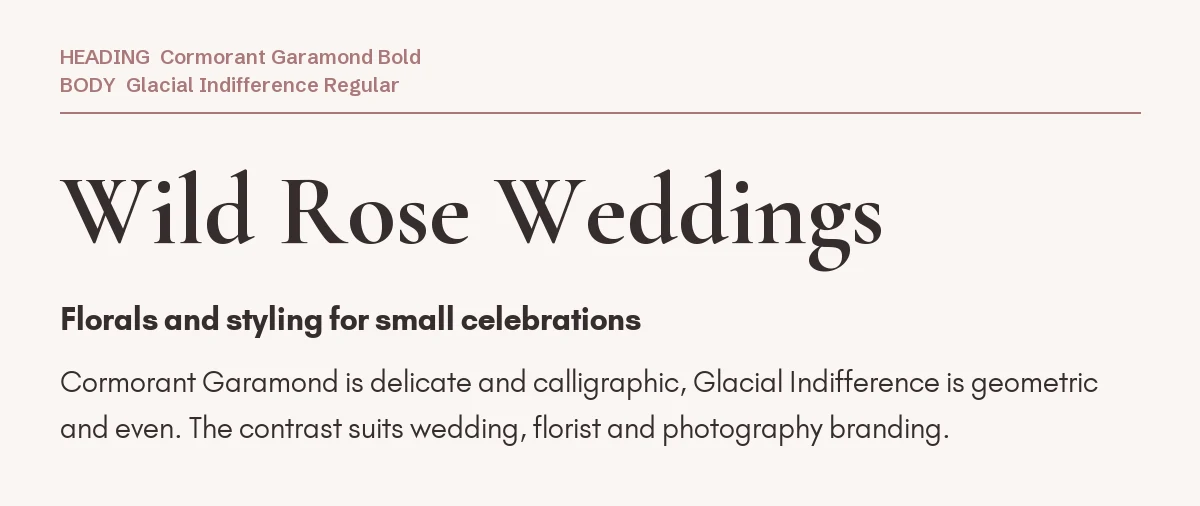 Glacial Indifference Font Pairing in Canva: 6 Ideas 4 Cormorant Garamond headline "Wild Rose Weddings" with Glacial Indifference body text on a soft pink background