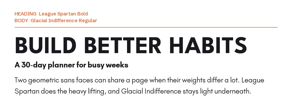 Glacial Indifference Font Pairing in Canva: 6 Ideas 6 League Spartan Bold headline "Build Better Habits" with Glacial Indifference body text on a white background