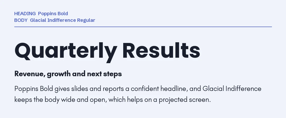 Glacial Indifference Font Pairing in Canva: 6 Ideas 7 Poppins Bold headline "Quarterly Results" with Glacial Indifference body text on a pale blue background