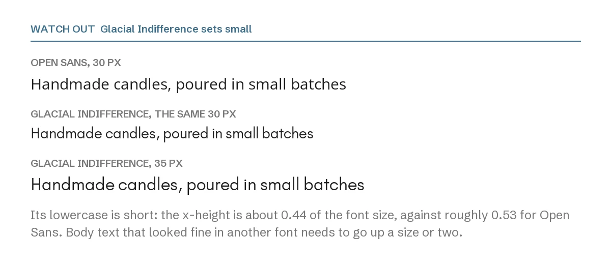 Glacial Indifference Font Pairing in Canva: 6 Ideas 2 Canva font pairing: the same sentence in Open Sans at 30 px, Glacial Indifference at 30 px and Glacial Indifference at 35 px