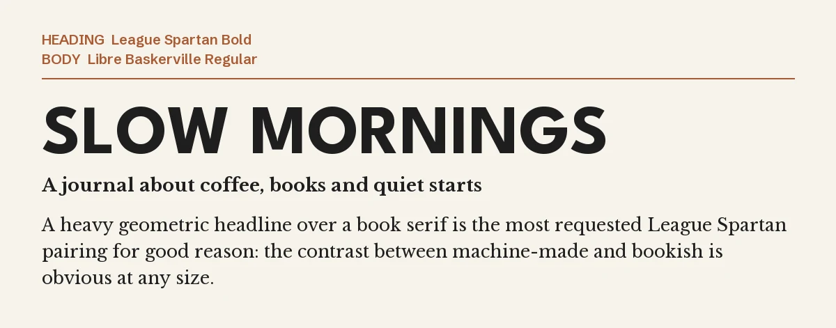 League Spartan Font Pairing in Canva: 6 Partners 3 League Spartan Bold headline "Slow Mornings" with Libre Baskerville body text on a cream background