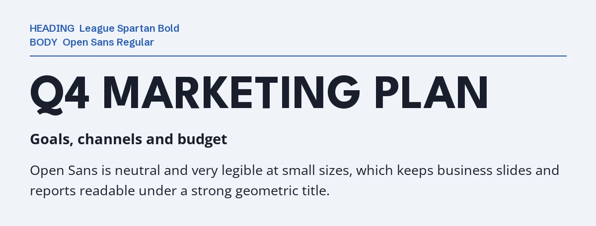 League Spartan Font Pairing in Canva: 6 Partners 5 League Spartan Bold headline "Q4 Marketing Plan" with Open Sans body text on a pale blue background