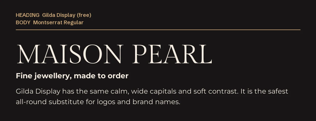 Fonts Similar to TAN Pearl in Canva: 6 Free Picks 3 Gilda Display headline "Maison Pearl" with Montserrat text on a dark background, a free alternative to TAN Pearl