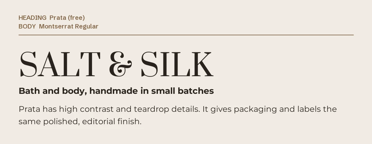 Fonts Similar to TAN Pearl in Canva: 6 Free Picks 5 Prata headline "Salt & Silk" with Montserrat text on a light background